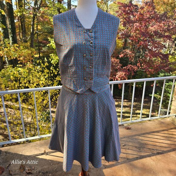 Womens 70s Vintage Skirt Waist Coat Vest Blue Red Corduroy Plaid Outfit Set S/M* - Picture 1 of 9